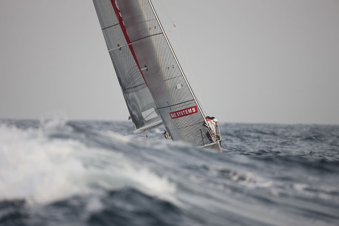 Team BAE Systems crashing through the waves. Sailing Arabia the Tour 2012. Leg 5 from Dibba - Mussanah. Oman © Lloyd Images http://lloydimagesgallery.photoshelter.com/